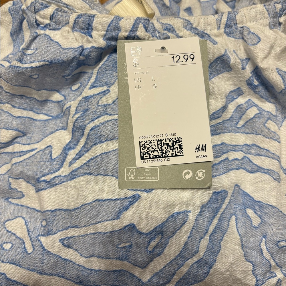 H&M Linen Euro Summer Cottagecore Blue and White Smocked Tank L - Picture 5 of 5